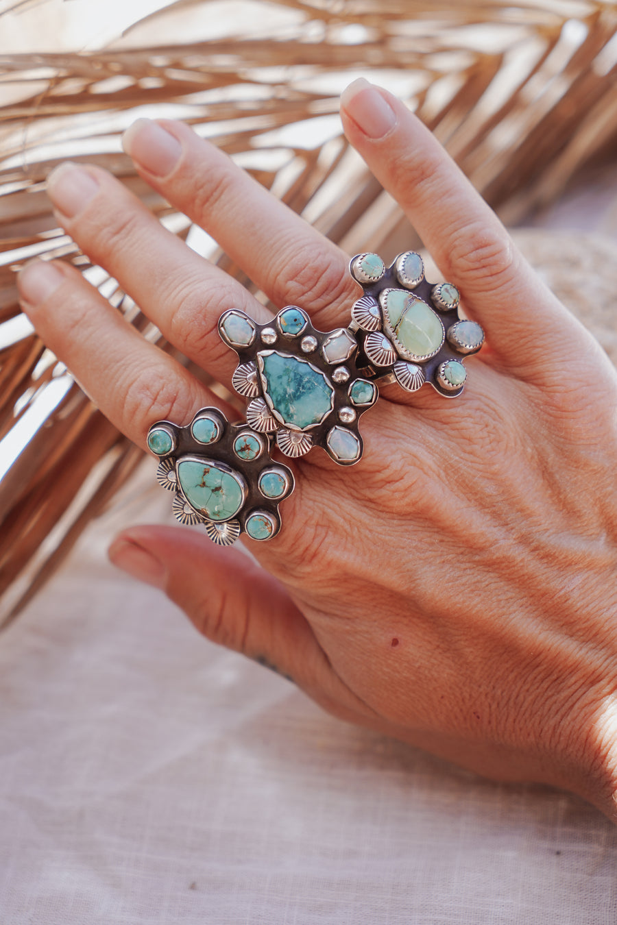 Cluster Ring in Hubei Turquoise & Sterling Opal (Size 9.5)