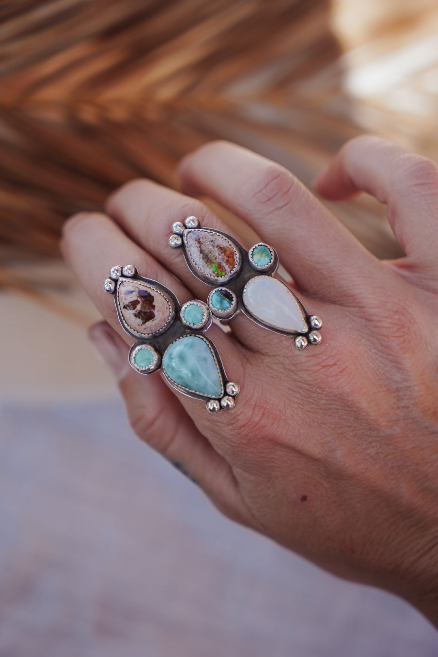 Enchantress Ring in Mexican Fire Opal, Rainbow Moonstone, & Sierra Nevada Turquoise (Size 8.5)