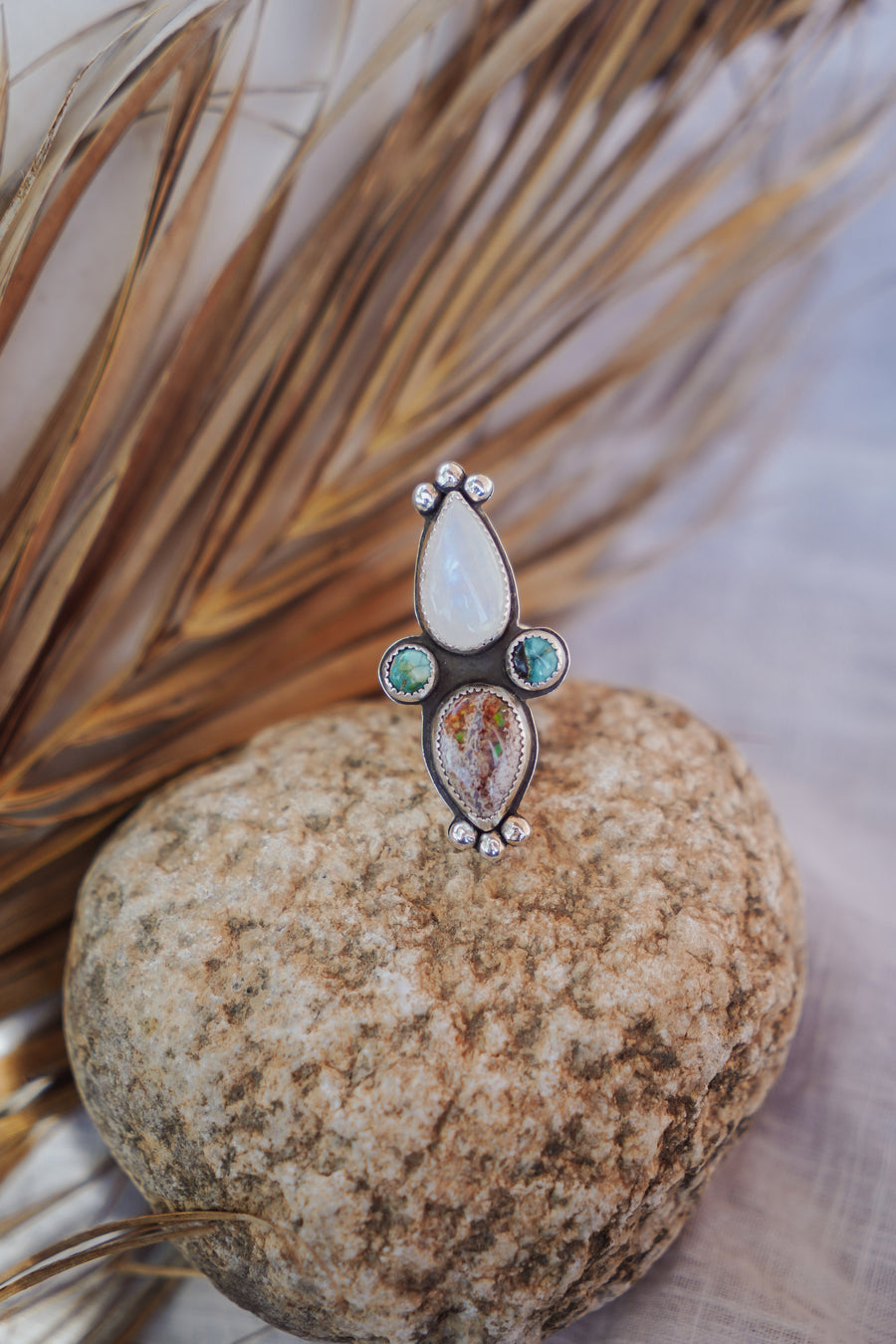 Enchantress Ring in Mexican Fire Opal, Rainbow Moonstone, & Sierra Nevada Turquoise (Size 8.5)