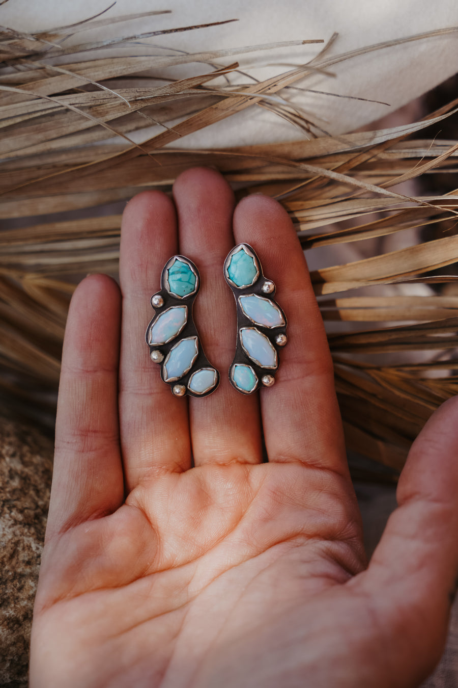 Ear Crawlers with Boulder Opal Doublets, Larimar, & Hubei Turquoise