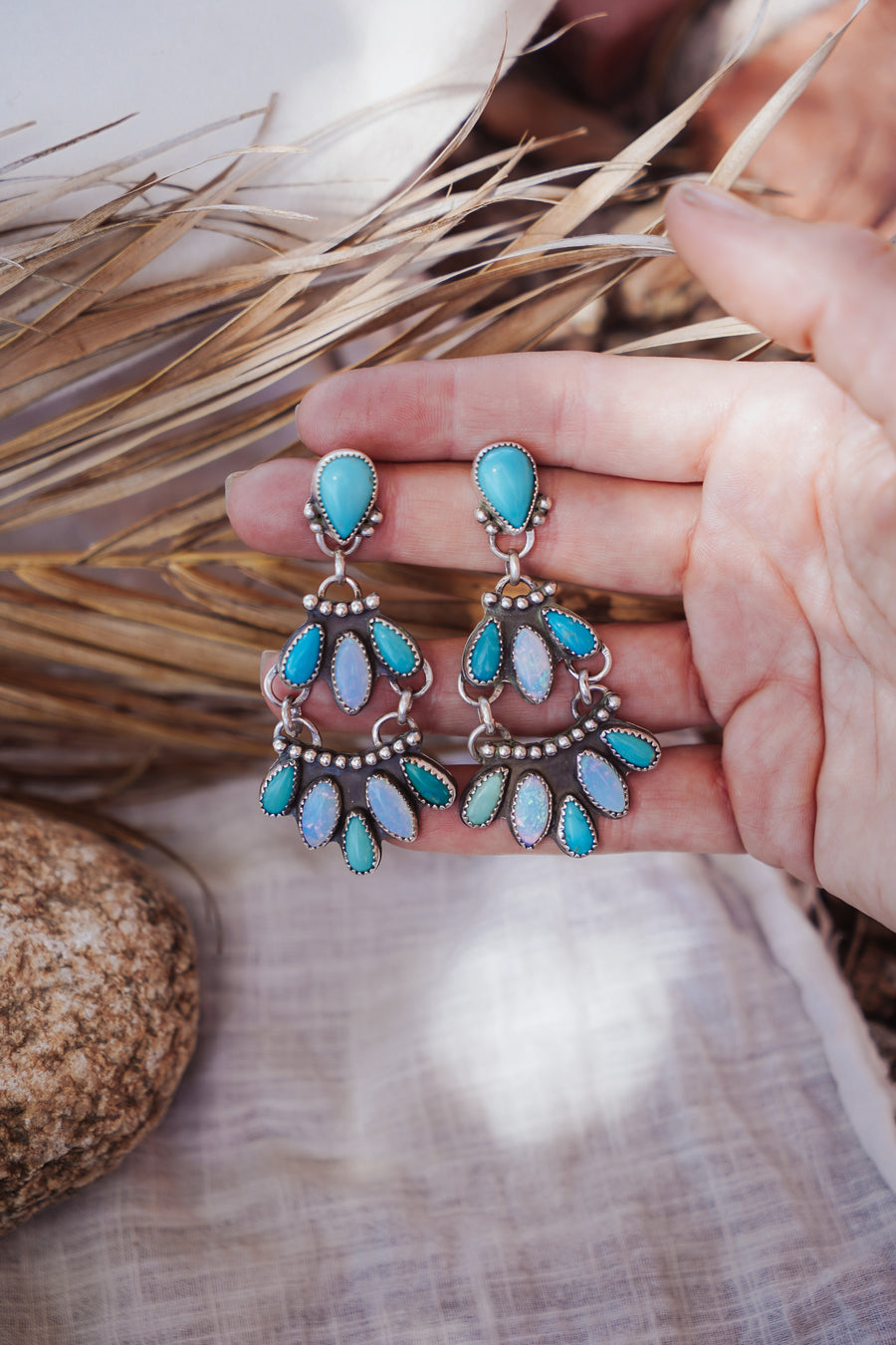 Statement Earrings in Campitos Turquoise & Sterling Opal