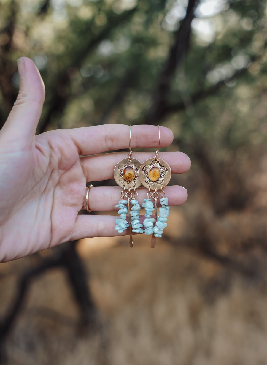 The Amber Blossom Dangle Earrings with Larimar