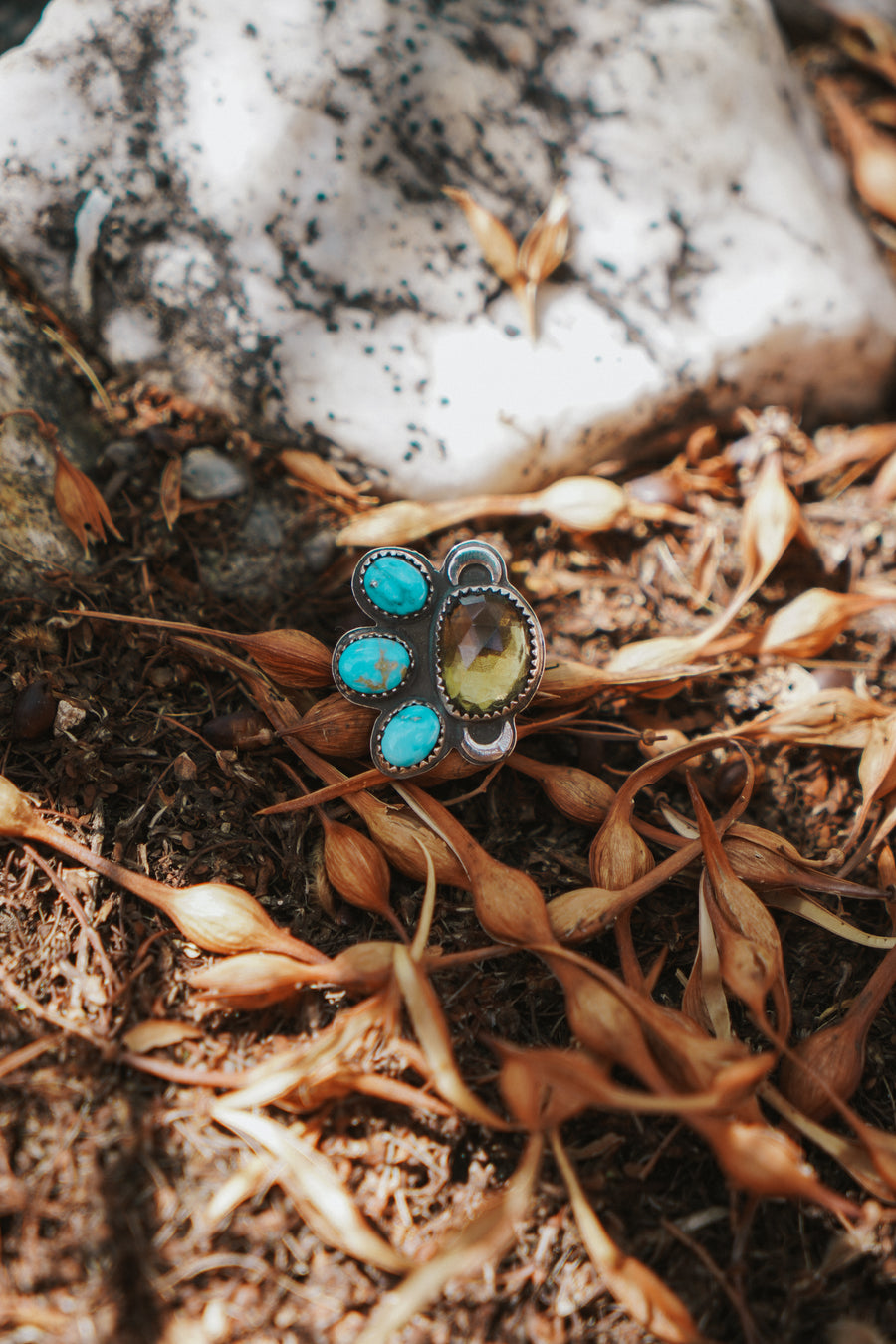 The Moon Goddess Ring in Honey Quartz & Blue Ridge Turquoise (Size 6.5)