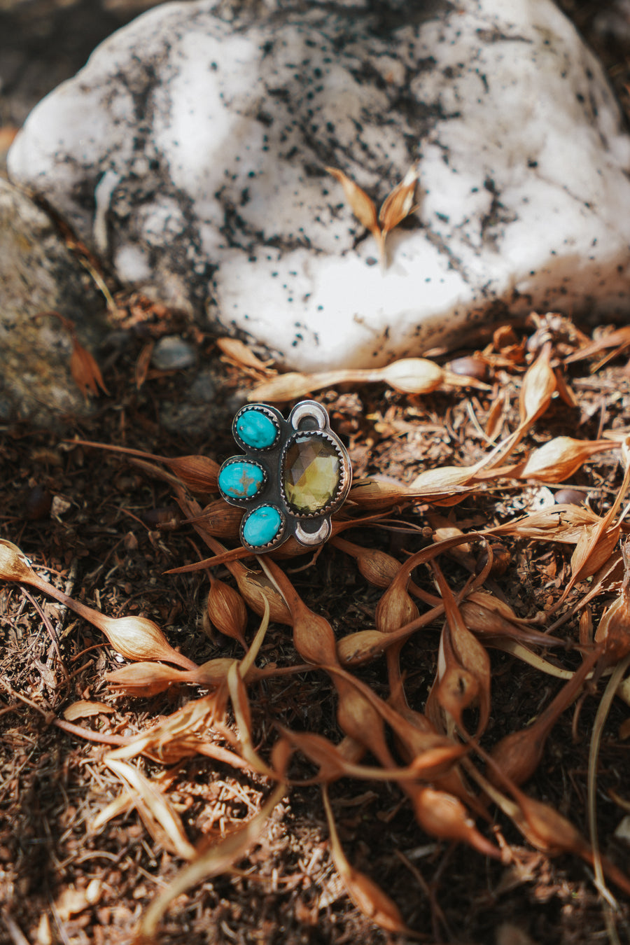 The Moon Goddess Ring in Honey Quartz & Blue Ridge Turquoise (Size 6.5)