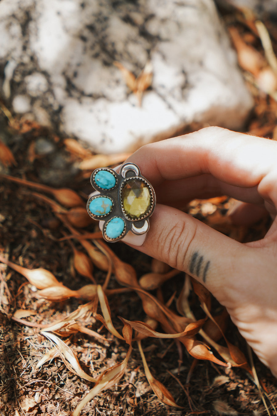 The Moon Goddess Ring in Honey Quartz & Blue Ridge Turquoise (Size 6.5)