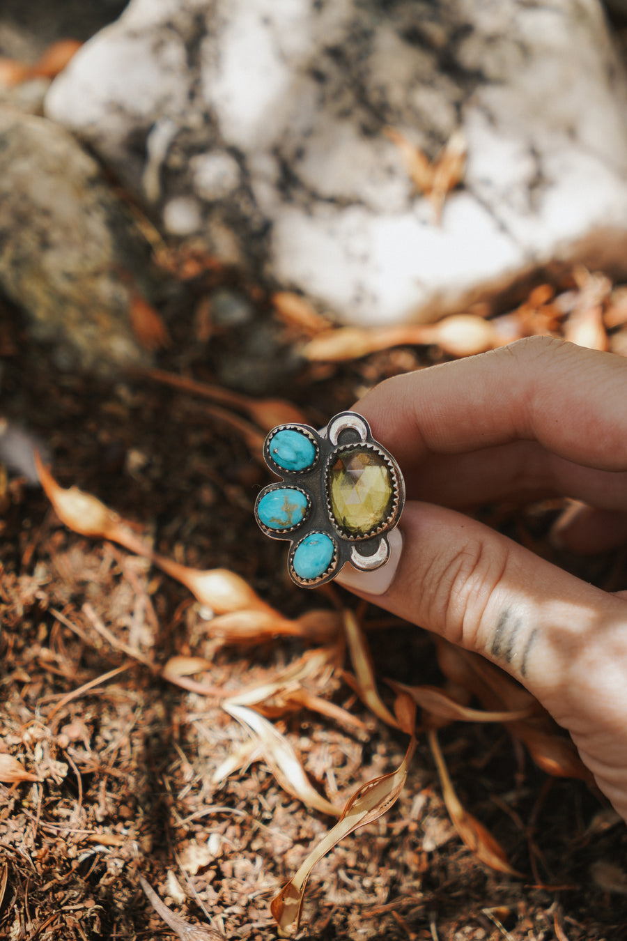 The Moon Goddess Ring in Honey Quartz & Blue Ridge Turquoise (Size 6.5)