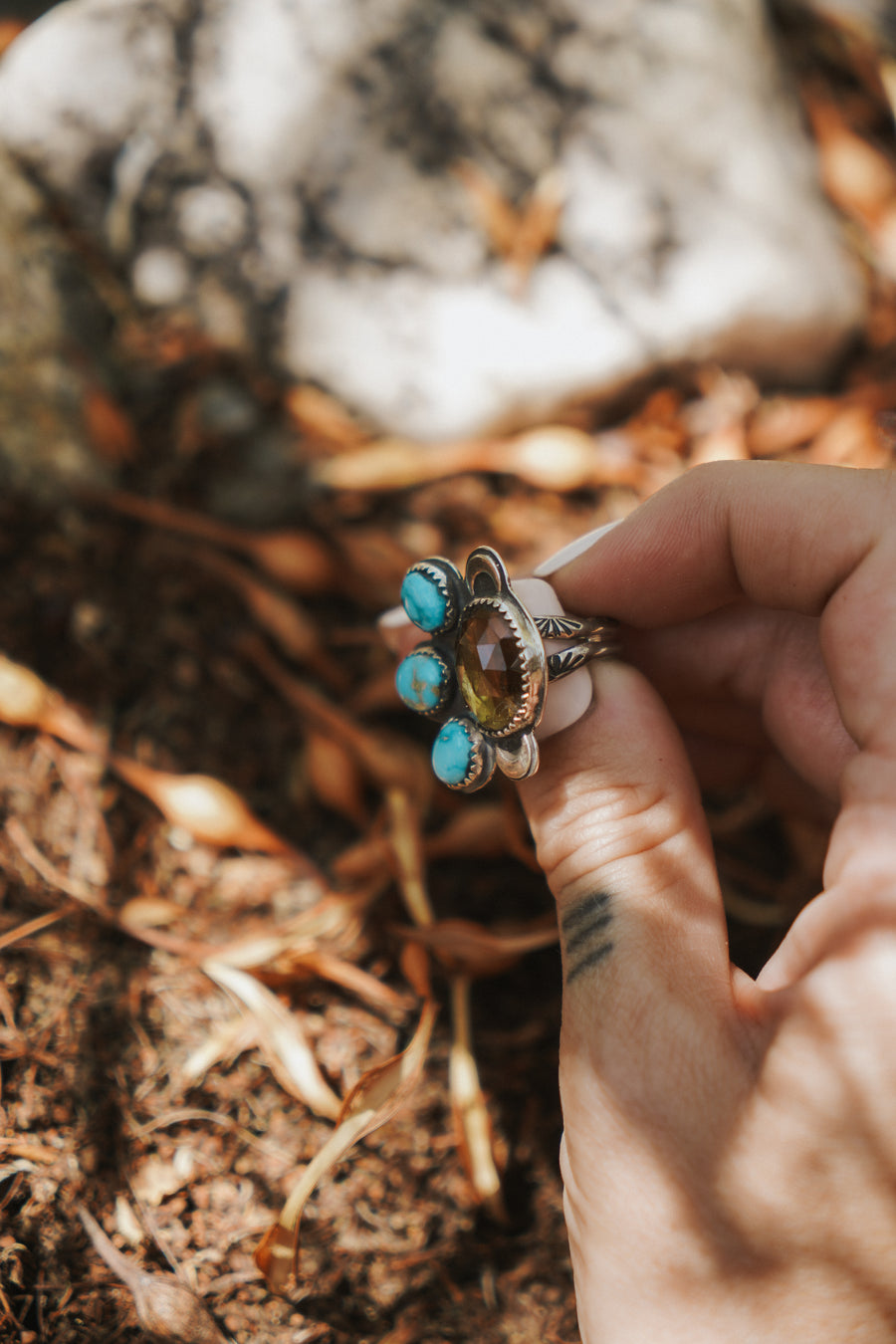 The Moon Goddess Ring in Honey Quartz & Blue Ridge Turquoise (Size 6.5)