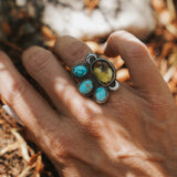 The Moon Goddess Ring in Honey Quartz & Blue Ridge Turquoise (Size 6.5)