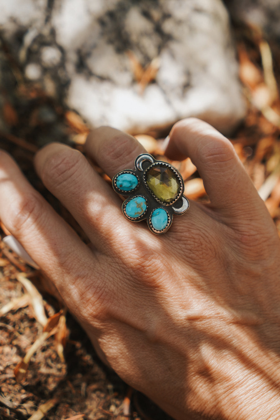The Moon Goddess Ring in Honey Quartz & Blue Ridge Turquoise (Size 6.5)
