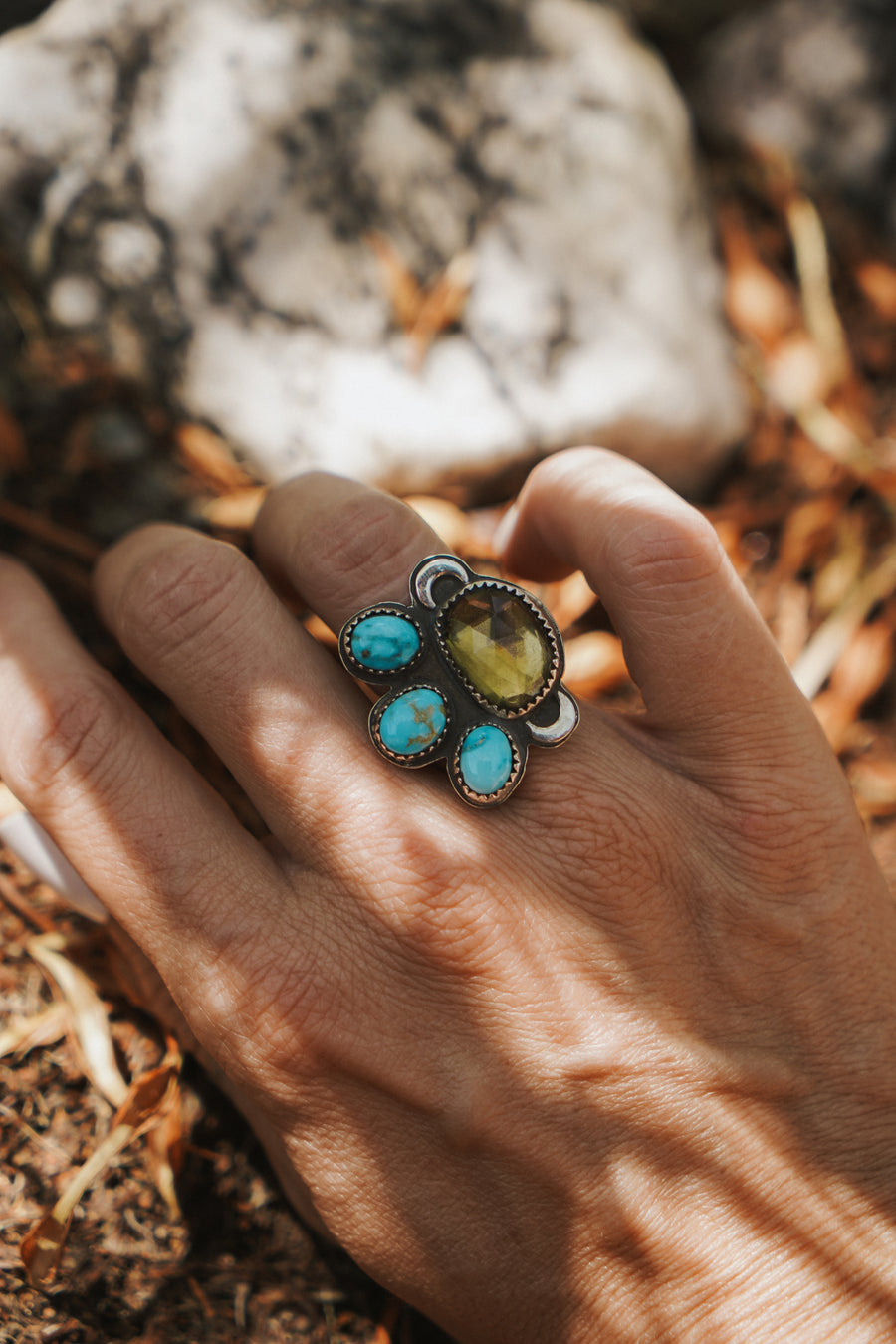 The Moon Goddess Ring in Honey Quartz & Blue Ridge Turquoise (Size 6.5)