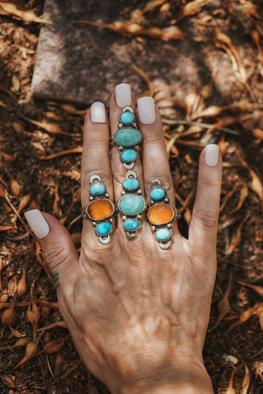 Peruvian Amazonite & Blue Ridge Turquoise Ring w/ Gold-fill Moons (Size 8)
