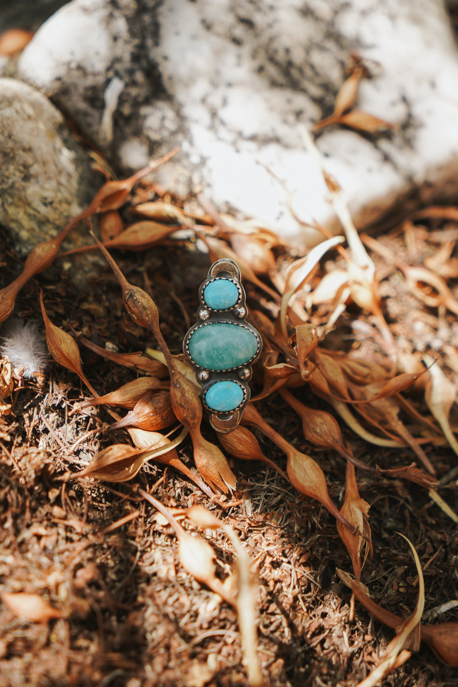 Peruvian Amazonite & Blue Ridge Turquoise Ring w/ Gold-fill Moons (Size 6)