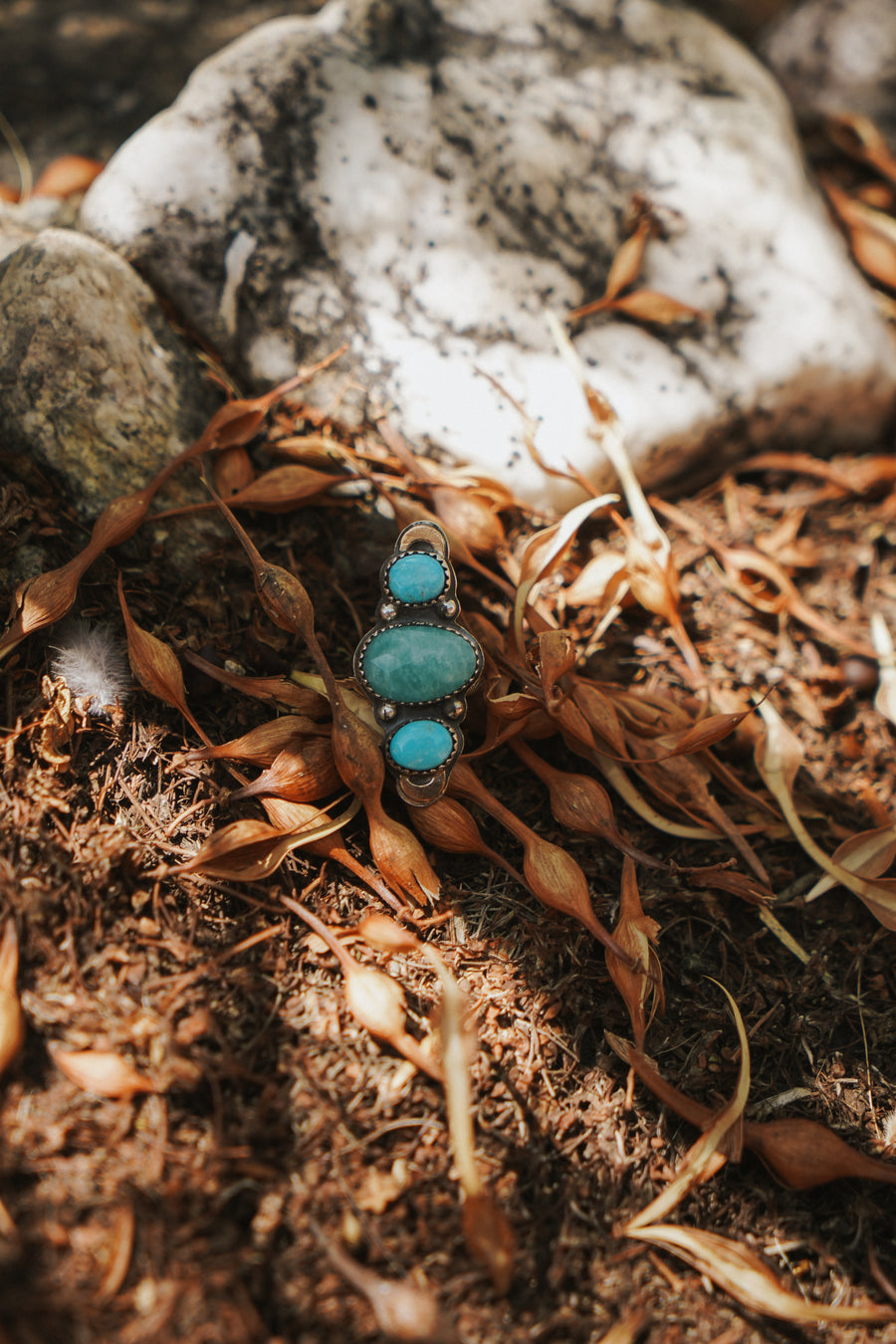 Peruvian Amazonite & Blue Ridge Turquoise Ring w/ Gold-fill Moons (Size 6)