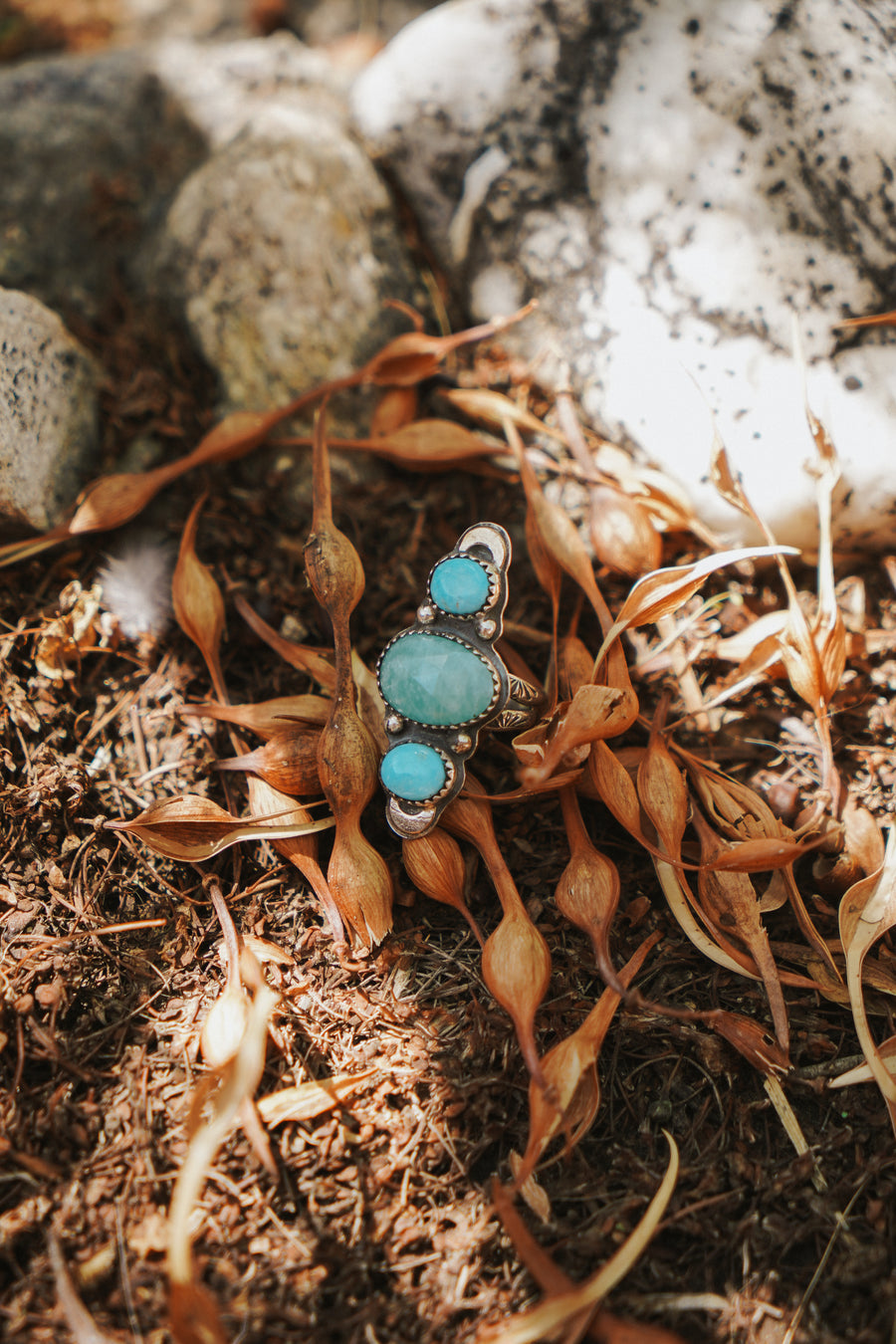 Peruvian Amazonite & Blue Ridge Turquoise Ring w/ Gold-fill Moons (Size 6)