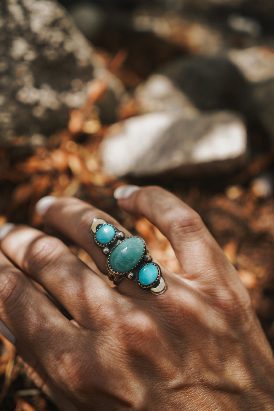 Peruvian Amazonite & Blue Ridge Turquoise Ring w/ Gold-fill Moons (Size 6)