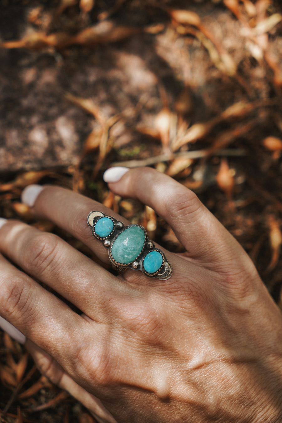 Peruvian Amazonite & Blue Ridge Turquoise Ring w/ Gold-fill Moons (Size 6)