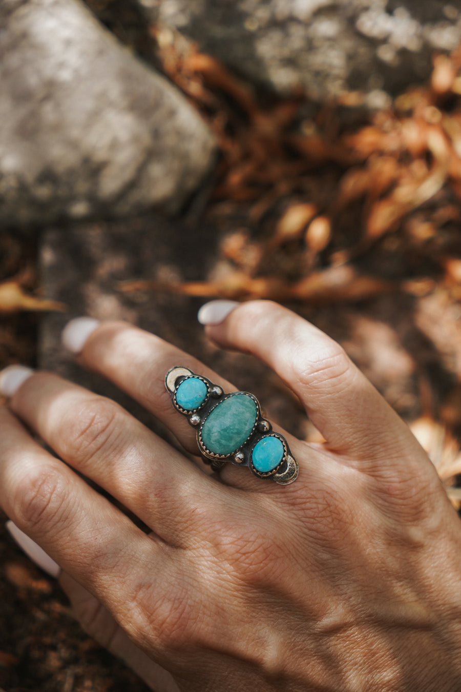 Peruvian Amazonite & Blue Ridge Turquoise Ring w/ Gold-fill Moons (Size 6)