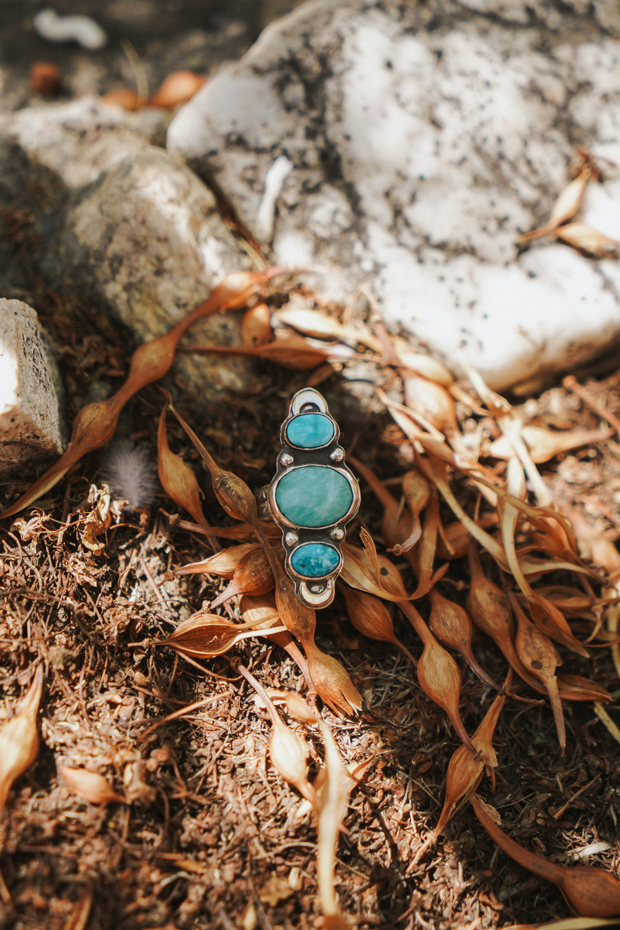 Peruvian Amazonite & Blue Ridge Turquoise Ring w/ Gold-fill Moons (Size 8)