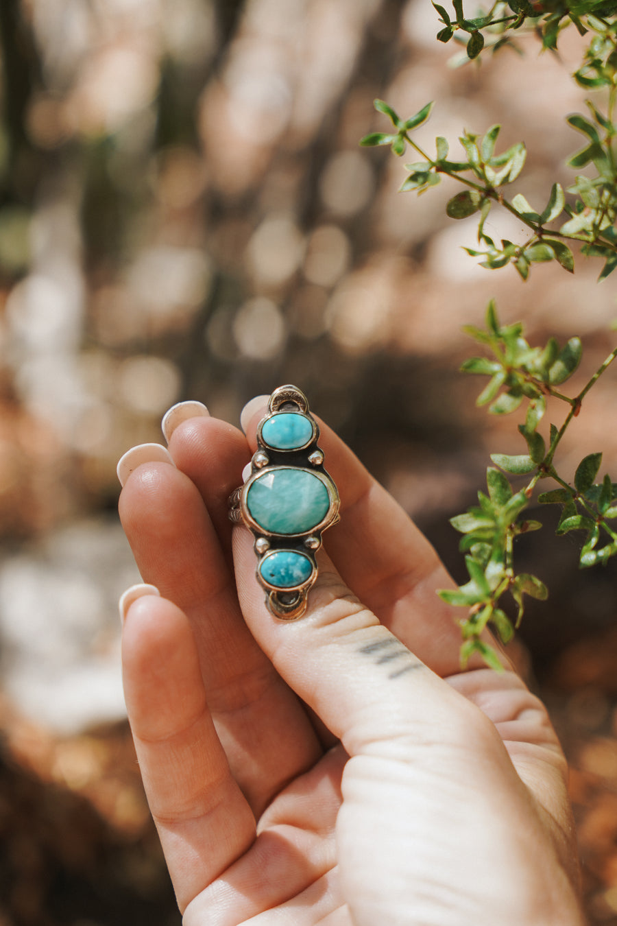 Peruvian Amazonite & Blue Ridge Turquoise Ring w/ Gold-fill Moons (Size 8)