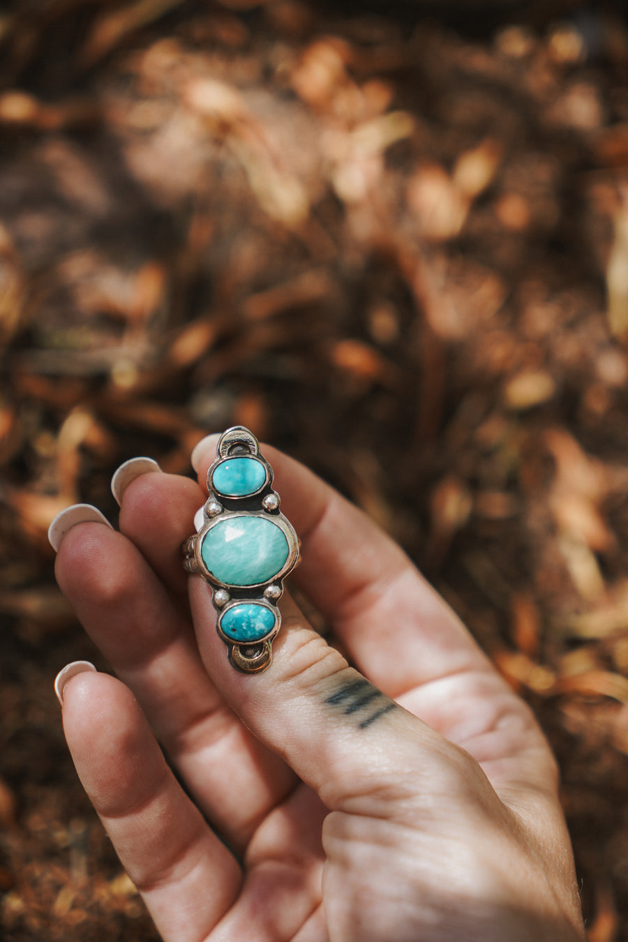 Peruvian Amazonite & Blue Ridge Turquoise Ring w/ Gold-fill Moons (Size 8)