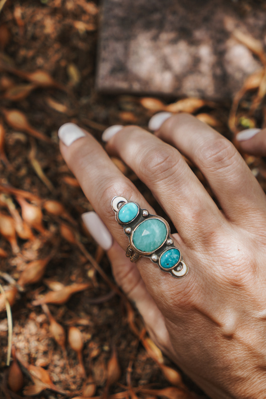 Peruvian Amazonite & Blue Ridge Turquoise Ring w/ Gold-fill Moons (Size 8)